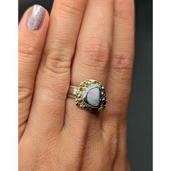 Artisan Signed LOW Fiery Natural Opal Sterling Silver Gold Ring Size 7 - Picture 5 of 12